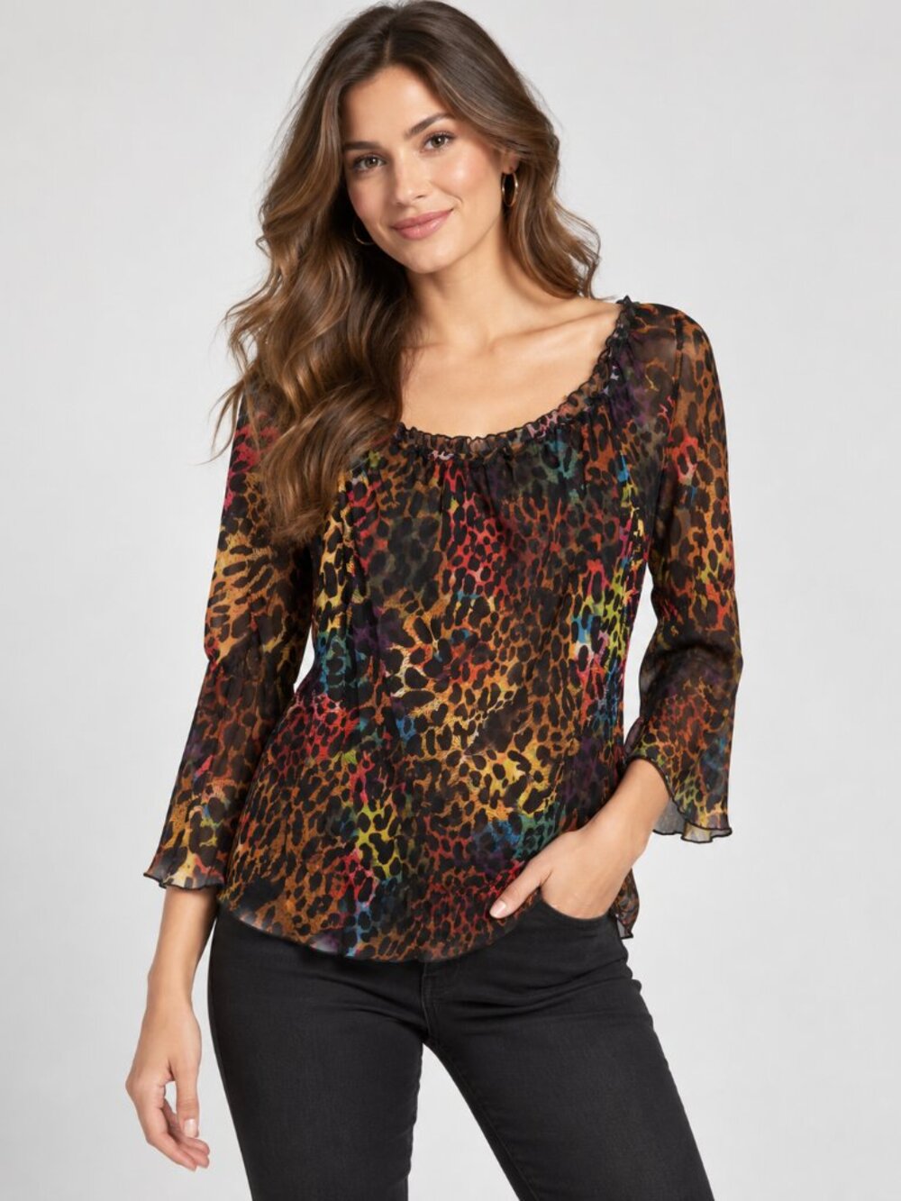 Mechant Size S Sheer Mesh Leopard Animal Print Long Sleeve Blouse Multicolor